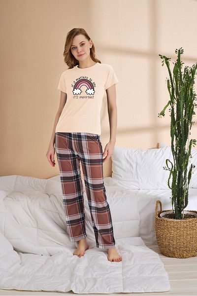 JENİKA Women's Summer Short Sleeve Bow and Digital Print Detail Pajama Set