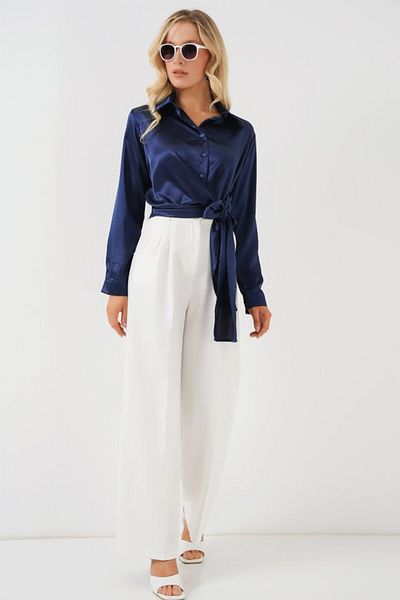 modaserdem Tie-Up Long Sleeve Satin Shirt 20287 - Navy Blue