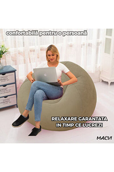 MACVI Macvi® Lazy Bag Inflatable Lounger with Pump Included, 110x110x85 cm, Portable, Indoor/Outdoor, Gray