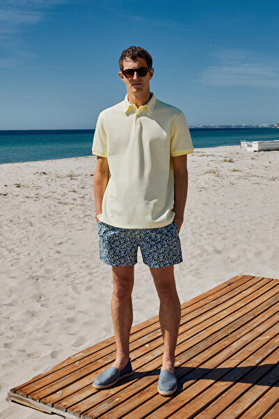 GRIMELANGE Laporte Men's Textured Fabric Slim Fit Yellow Polo Neck T-Shirt