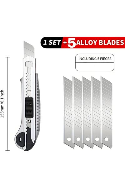 MTI Utility Knife with 5pcs Blade Cutter Refill Blade Set with Blade Changing 1 Cutter & 5 Blades