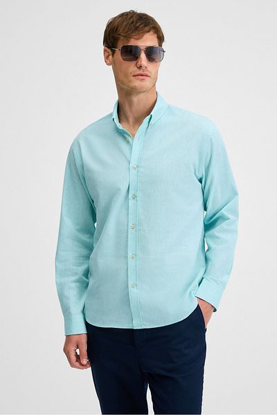 GRIMELANGE Lasse Men's Shirt Collar Cuffed Long Sleeve Regular Fit Linen Blended Mint Green Shirt