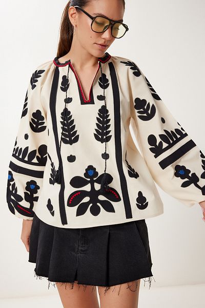 Lovelyİstanbul Κέντημα Κεντημένη Υφαντή Μπλούζα Oversize CREAM LES0022