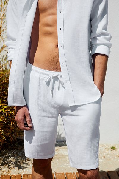GRIMELANGE Jens Men's 100% Cotton Muslin Fabric Slim Fit Slim Fit White Shorts with Side Pockets