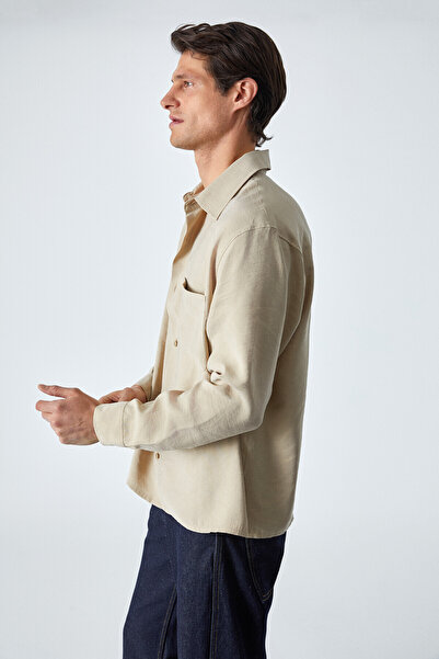 GRIMELANGE JUUSO Ανδρικό υφασμάτινο πουκάμισο με γιακά με κουμπιά με μανσέτα με λεπτομέρεια μακρυμάνικο μπεζ πουκάμισο