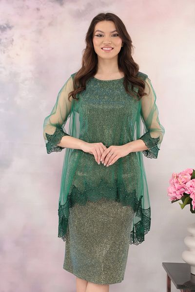 cupper Lurex occasion dress with tulle cape and green embroidery