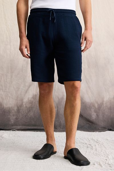 GRIMELANGE Jens Men's 100% Cotton Muslin Fabric Slim Fit Slim Fit Navy Blue Shorts with Side Pockets