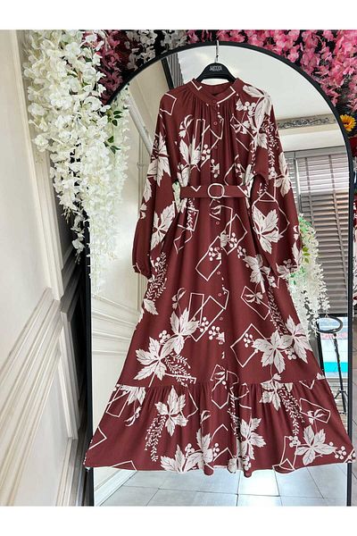 PİNK FLY Flower and Figure Pattern Red Viscose Dress