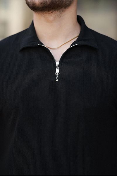 Valiberta Lycra Knitted Half Zipper Polo Neck Men's T-Shirt - Black