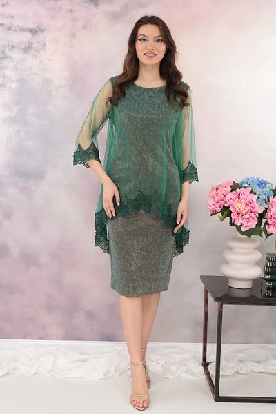 cupper Lurex occasion dress with tulle cape and green embroidery