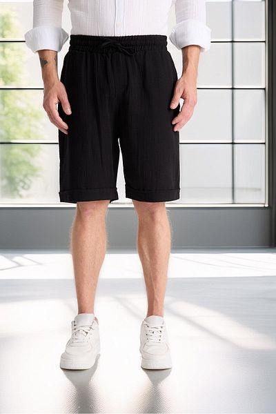 Valiberta Men's Black Muslin Shorts - Light and Comfortable, Double Leg