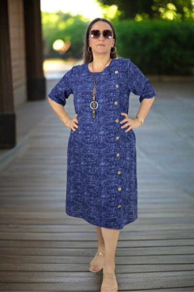 yagmurberen Side Boydan Wood Button Detail Brieve Sleeve with Pocket Intermediate Length Plus Size Cotton Viscose Dress
