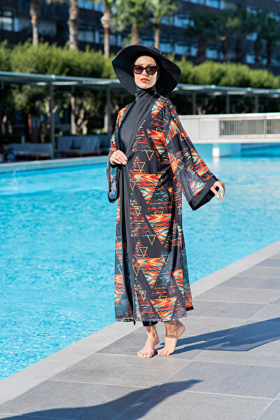 Ruko Maio RUKOMAYO SİYAH GEOMETRİK DESENLİ ESNEK ŞİFON KUMAŞ KİMONO