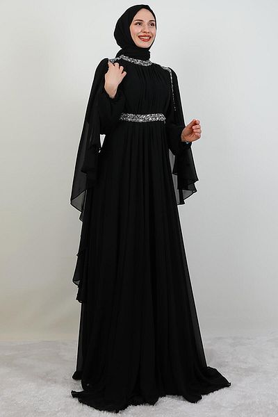 GİYZAMİLA Tutku Chiffon Evening Dress Black