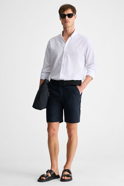 GRIMELANGE Lasse Men's Shirt Collar Cuffed Long Sleeve Regular Fit Linen Blended White Shirt