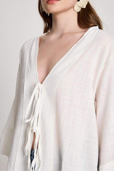 minaaise Kimono de damă, ecru, cu cravată în față, cu model propriu, 29138