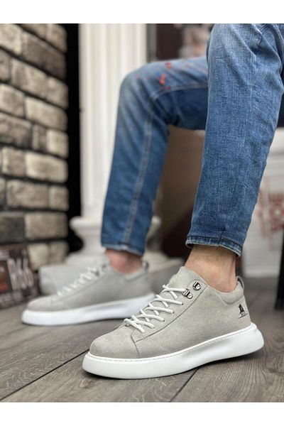 Byshoes BA0331 Lace-Up Men's High Sole Gray Suede White Sole Sports Shoes