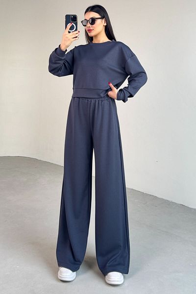 Cappmoda TKM-1103 Navy Blue Modal Fabric Crop Loose Μπλούζα Ελαστική μέση Palazzo Σετ δύο κάτω