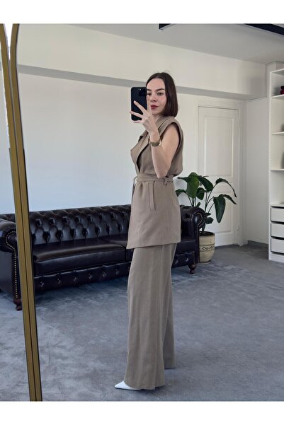 QİMYA BUTİK MAGARDE Women's Mid-Length Belted Vest and Loose Trousers Double Linen Set
