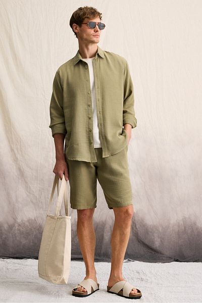 GRIMELANGE Jens Men's 100% Cotton Muslin Fabric Slim Fit Slim Fit Khaki Shorts with Side Pockets