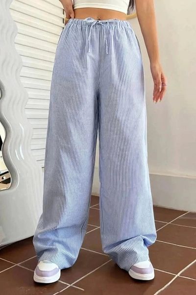 ellevana Yellow Striped Y2K Wide Leg Pants with Elastic Waist