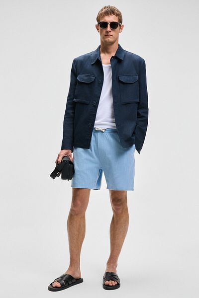 GRIMELANGE Leyton Men's Relaxed Fit Double Pocket Elastic Waist Linen Blended Woven Blue Shorts & Bermuda