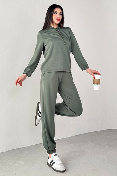 Cappmoda Tkm-1104 بلوزة بغطاء للرأس من القماش الكاكي موديل Jogger مجموعة فضفاضة مزدوجة من الأسفل