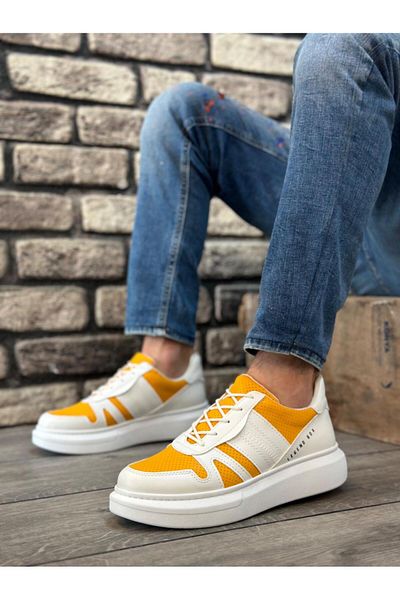 Byshoes BA0548 BOA Thick High White Mustard White Sole Lace-Up Sports Men's Shoes