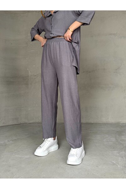 Cappmoda Tkm-03660 Smoked Casual Double Half Sleeve Side Slit Shirt Waist Elastic Pants Two Piece Set