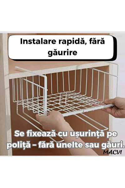 MACVI Organizator metalic Macvi® alb suspendat, prindere sub raft, fara gaurire, ideal bucatarie sau baie