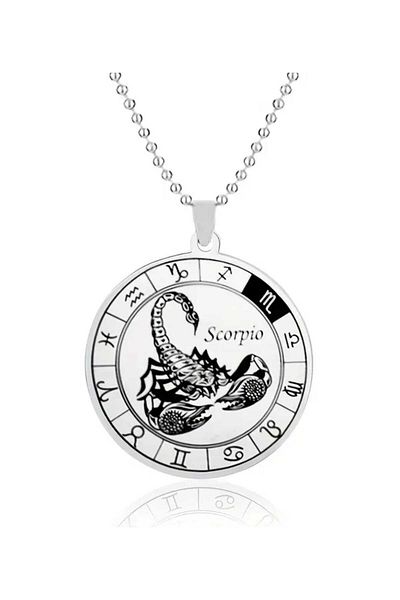 sarıyer silver Scorpio Zodiac Design 12 Zodiac Embroidered Circle Model Astrology and Horoscopes Themed Steel Necklace