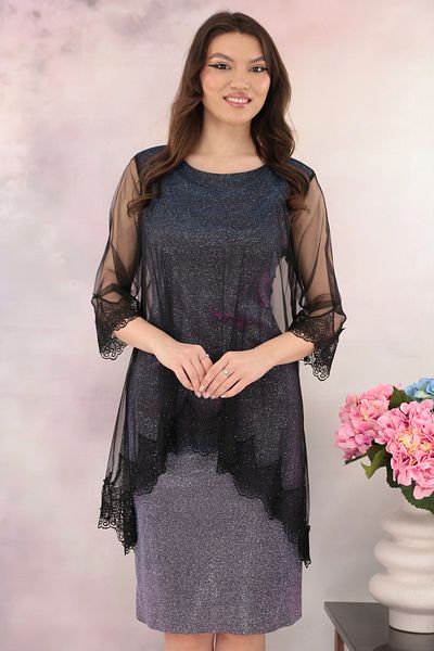 cupper Purple lurex occasion dress with tulle cape and black embroidery