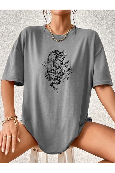 Pasage Oversize Dragon Printed Black Tshirt