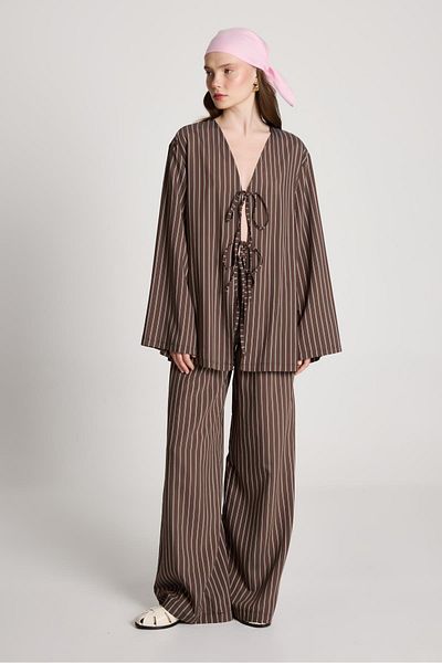 minaaise Darrell Striped Tie-Up Shirt/Pants Set Brown
