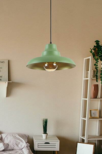 Modavize Carmen Özel Tasarım (ÇAP 30 CM)modern Salon - Mutfak - Cafe Yeşil Içi Gold Tekli Sarkıt Avize