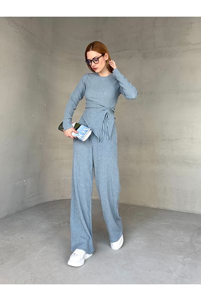 Cappmoda TKM-03668 Bebe Blue Decolteu cu talie Bluză cu design adunat Pantaloni Palazzo înfășurați în talie Bürümcük K