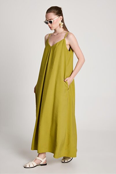 minaaise Γυναικείο Oil Green 100% Modal Strap Loose Cut Long φόρεμα 29201