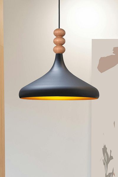 Modavize Nil Modern Design Wooden Detailed Metal Cafe - Kitchen Black Color Single Chandelier (35 cm)