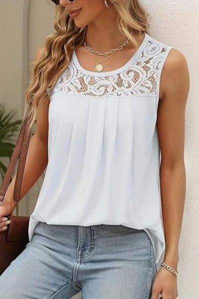 Mossta Round Neck Lace Detailed Viscose Blouse - White