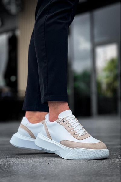 Byshoes Ba0354 Daily Lace-Up Men's Cream Piece White High Sole Sports Shoes