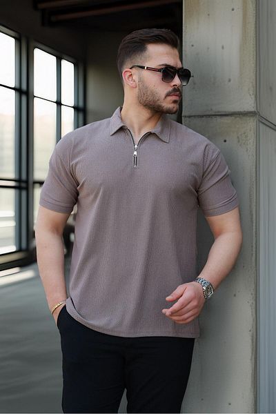 Valiberta Lycra Knitted Half Zipper Polo Neck Men's T-Shirt - Brown