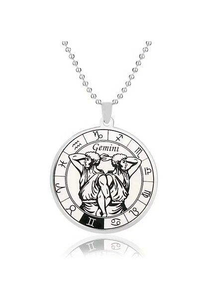sarıyer silver Gemini Zodiac Sign Design 12 Zodiac Embroidered Circle Model Astrology and Horoscopes Themed Steel Necklace