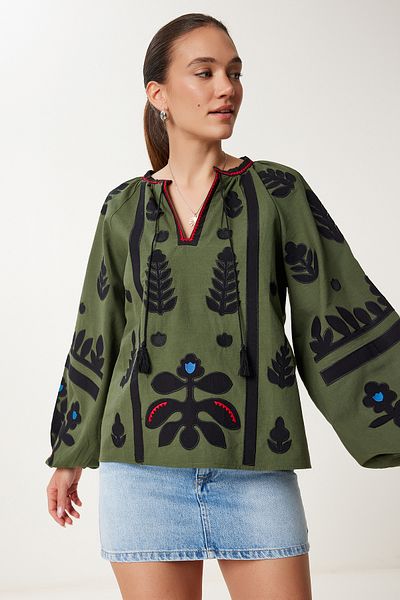 Lovelyİstanbul Κέντημα Κεντημένη Υφαντή Μπλούζα Oversize KHAKI LES0022
