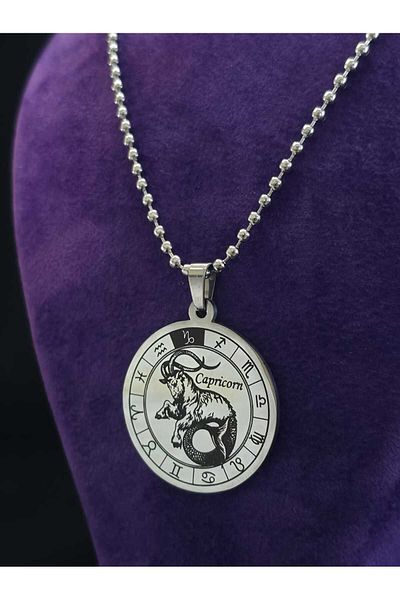 sarıyer silver Capricorn Zodiac Sign Model 12 Zodiac Sign Circle Designed Astrology and Horoscopes Themed Steel Necklace