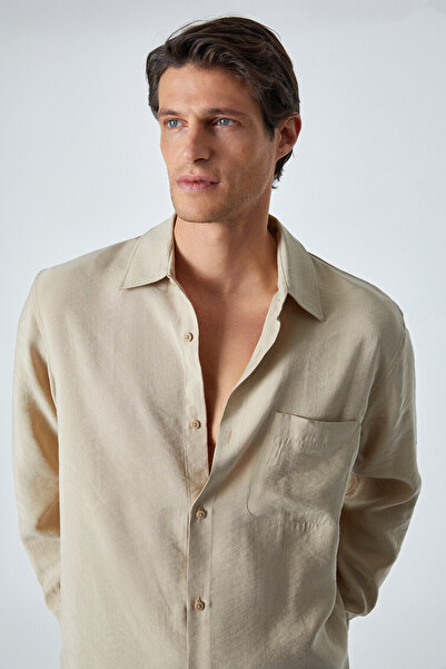 GRIMELANGE JUUSO Ανδρικό υφασμάτινο πουκάμισο με γιακά με κουμπιά με μανσέτα με λεπτομέρεια μακρυμάνικο μπεζ πουκάμισο