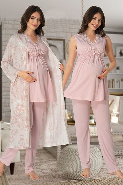 BLACKMORE Powder Lace Design Thick Strap Maternity Pregnant Dressing Gown 3-Piece Pajama Set