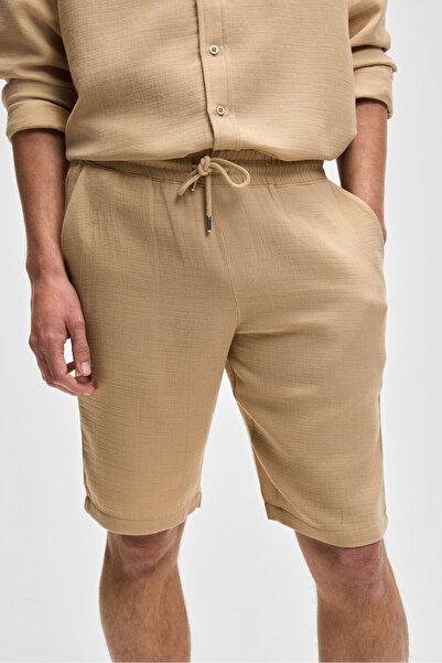 GRIMELANGE Jens Erkek %100 Pamuk Müslin Kumaş Yanları Cepli Slim Fit Dar Kesim Bej Şort