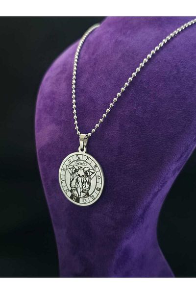 sarıyer silver Gemini Zodiac Sign Design 12 Zodiac Embroidered Circle Model Astrology and Horoscopes Themed Steel Necklace