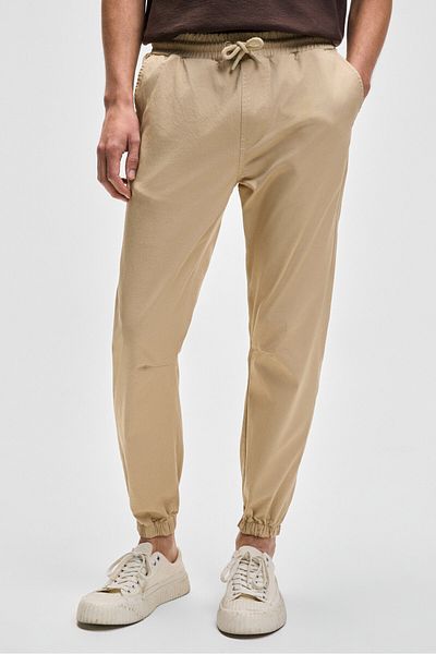 GRIMELANGE Jakob Men's Woven Washed 4-Pocket Thick Textured Beige Trousers with Elastic Legs