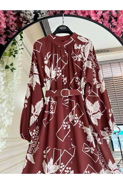 PİNK FLY Flower and Figure Pattern Red Viscose Dress